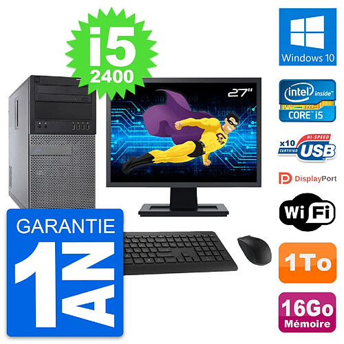 PC Tour Dell 790 MT Ecran 27" Intel i5-2400 RAM 16Go Disque 1To Windows 10 Wifi · Occasion