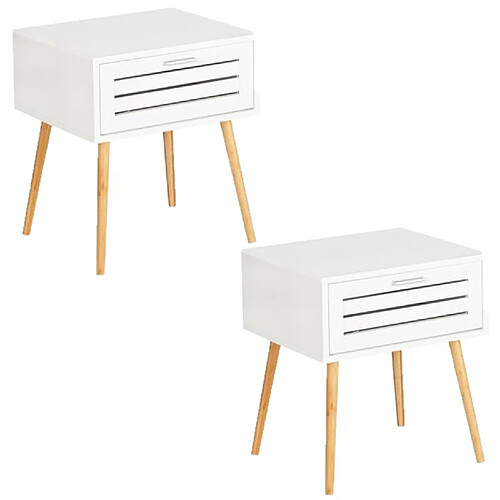 Toilinux Lot de 2 Tables de chevet Finja avec 1 tiroir en Bambou et MDF - Blanc et bois