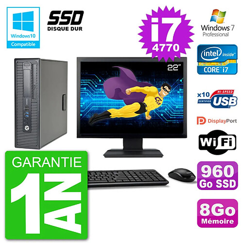 PC HP EliteDesk 800 G1 SFF Ecran 22" i7-4770 8Go SSD 960Go Graveur DVD Wifi W7 · Occasion