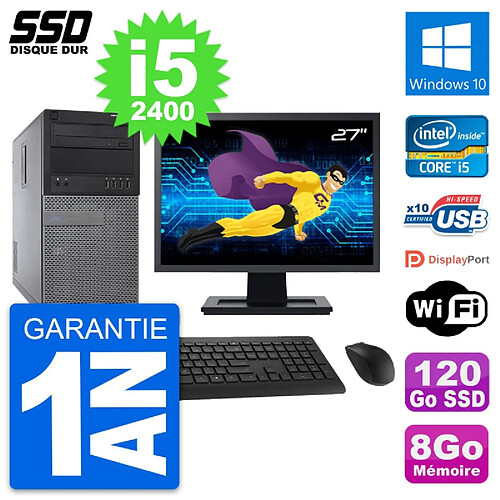 PC Tour Dell 790 MT Ecran 27" Intel i5-2400 RAM 8Go SSD 120Go Windows 10 Wifi · Occasion