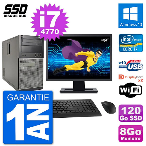 PC Tour Dell 7020 Ecran 22" Intel Core i7-4770 RAM 8Go SSD 120Go Windows 10 Wifi · Occasion