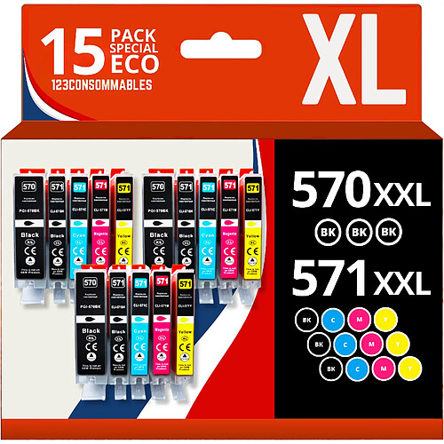 123CONSOMMABLES - 570 571XL - Pack 15 Cartouches d'encre Compatibles avec Canon 570 571 pour Canon PIXMA TS5055 TS5050 MG5750 TS5053 MG6852 MG6850 MG5700 MG5752 MG5753 (6 Noir / 3 Cyan / 3 Magenta / 3 Jaune)