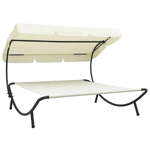 Helloshop26 Lit de repos chaise longue transat d'extérieur 200 cm avec auvent blanc crème 02_0012003