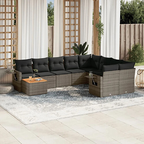 vidaXL Salon de jardin avec coussins 10 pcs gris résine tressée