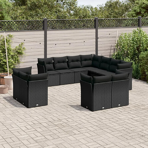 vidaXL Salon de jardin 11 pcs avec coussins noir résine tressée