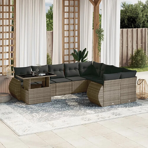 vidaXL Salon de jardin avec coussins 10 pcs gris résine tressée