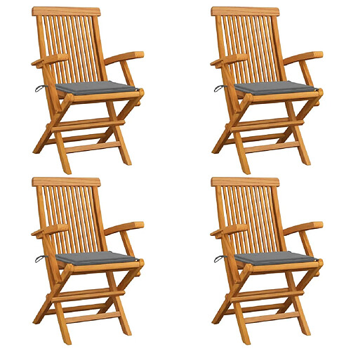 vidaXL Chaises de jardin et coussins gris lot de 4 Bois de teck massif