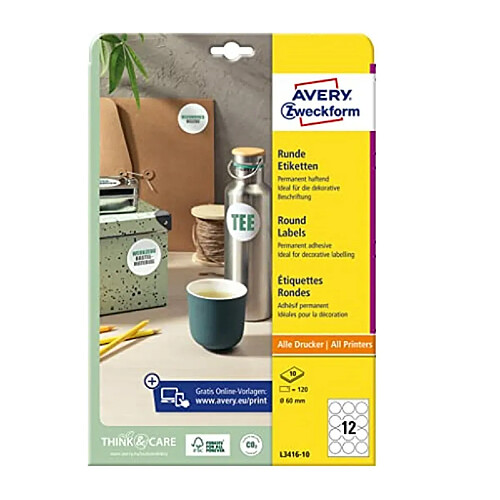 AVERY Zweckform L3416-10 Lot de 120 étiquettes rondes à imprimer autocollantes Ø 60 mm Format A4