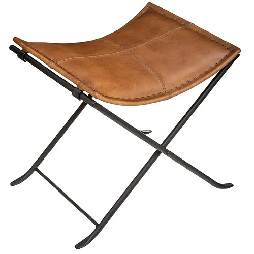 Pegane Tabouret en métal et cuir coloris cognac - Longueur 50 x Profondeur 40 x Hauteur 45 cm