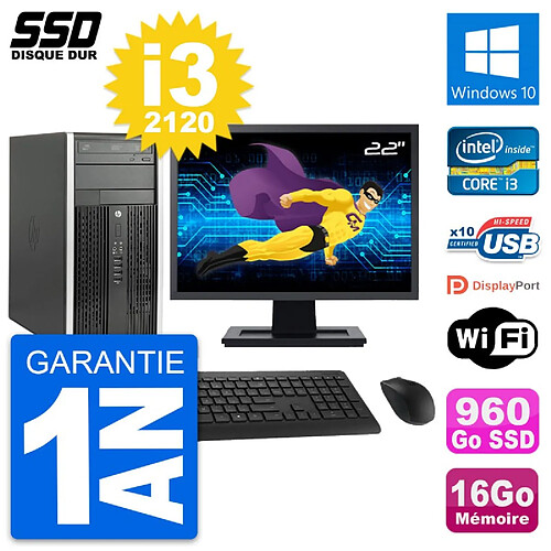 PC Tour HP 6300 CMT Ecran 22" Intel i3-2120 RAM 16Go SSD 960Go Windows 10 Wifi · Occasion