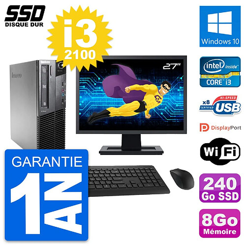 PC Lenovo M81 SFF Ecran 27" Intel Core i3-2100 RAM 8Go SSD 240Go Windows 10 Wifi · Occasion