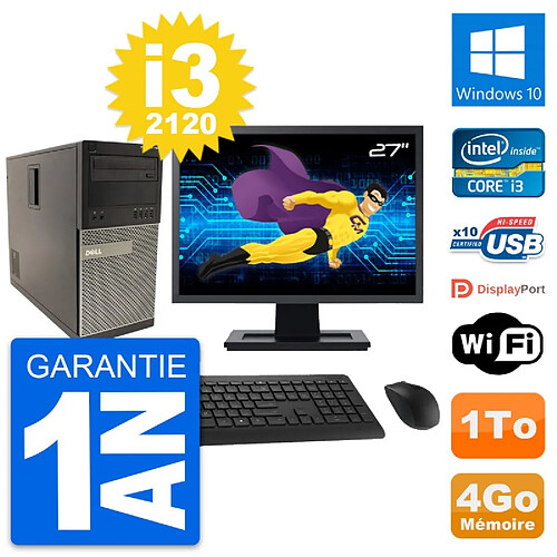 PC Tour Dell 790 MT Ecran 27" Intel i3-2120 RAM 4Go Disque 1To Windows 10 Wifi · Occasion