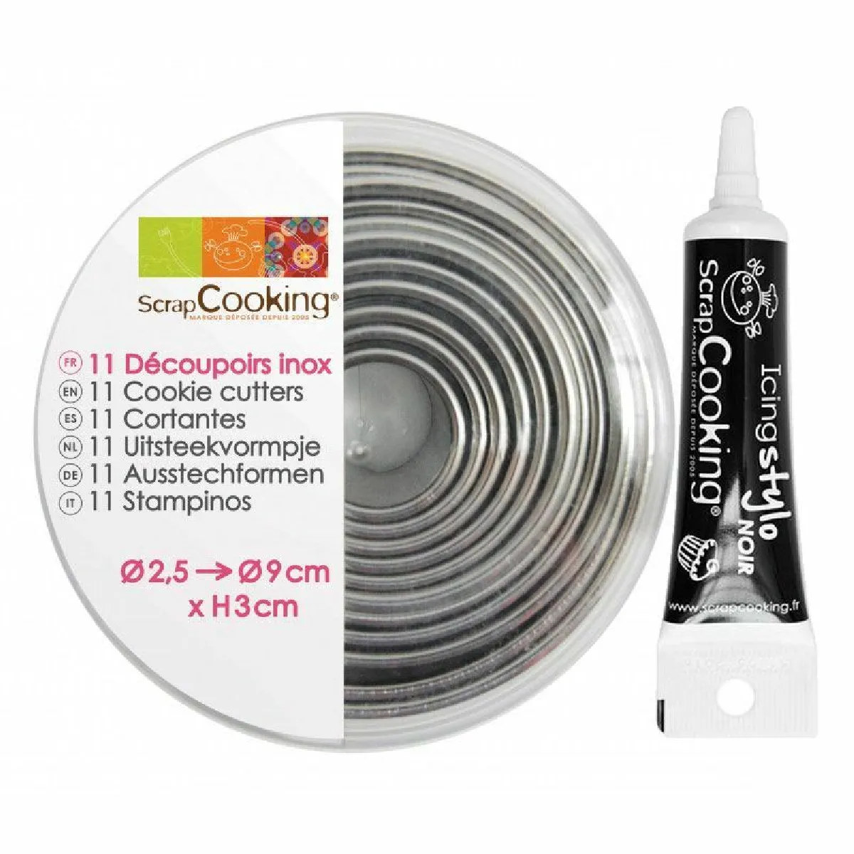 Scrapcooking 11 emporte-pièces ronds en inox + Stylo de glaçage noir