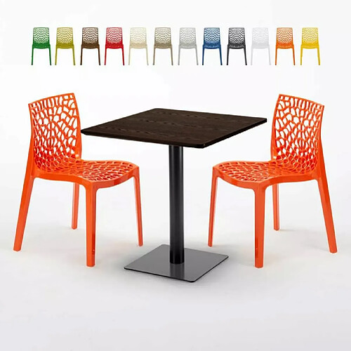 Grand Soleil Table carrée 70x70 plateau effet bois avec 2 chaises colorées Gruvyer Melon - Orange