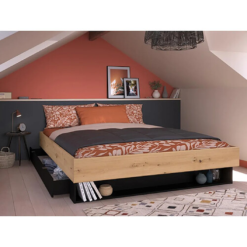 Vente-Unique Lit avec tiroir et niche 160 x 200 cm - Coloris : Naturel et noir + Sommier + Matelas - MISTA