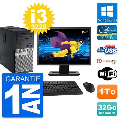 PC Tour Dell 9010 Ecran 19" Intel i3-3220 RAM 32Go Disque 1To Windows 10 Wifi · Occasion