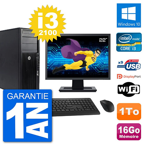 PC Tour HP Z210 Ecran 22" Intel i3-2100 RAM 16Go Disque Dur 1To Windows 10 Wifi · Occasion