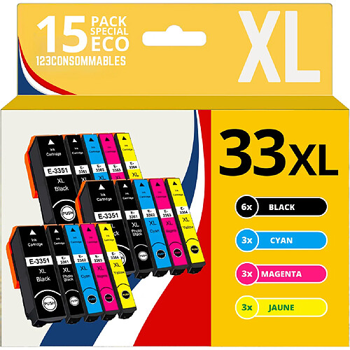 123CONSOMMABLES - 33XL - Pack 15 Cartouches d'encre Compatible pour Epson 33 XL pour Expression Premium XP-540 XP-530 XP-830 XP-7100 XP-900 XP-640 XP-630 XP-635 XP-645