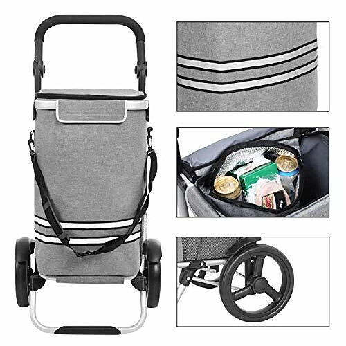 SONGMICS Caddie de Courses Solide Pliable avec Compartiment Isotherme Polyvalent Chariot de Courses avec Bandes réfléchissantes Trolley de Courses Chariot à Main Sac Amovible roulettes Gris KST02GY