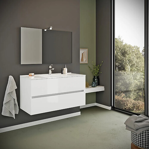 Kiamami Valentina MEUBLE DE SALLE DE BAIN AVEC TIROIRS 100CM BLANC BRILLANT, LAVABO ET MIROIR | BENACO