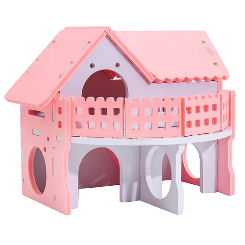 maison Hamster bois Escalier Toboggan rose