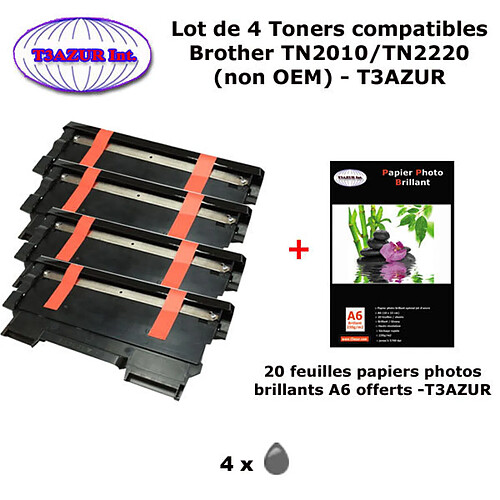 T3AZUR - 4 Toners génériques TN-2220 pour Brother Brother HL 2240 2240D 2250DN 2270DW MFC 7360N 7460DN 7860DW+20f A6 brillantes