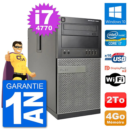 PC Tour Dell 7020 Intel Core i7-4770 RAM 4Go Disque Dur 2To Windows 10 Wifi · Occasion