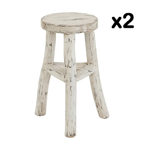 Inside 75 Set de 2 tabourets ronds BYZO en bois blanc délavé.