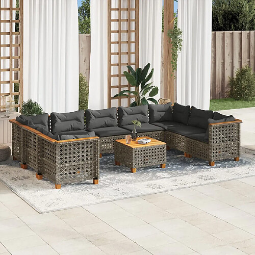 vidaXL Salon de jardin avec coussins 10 pcs gris résine tressée