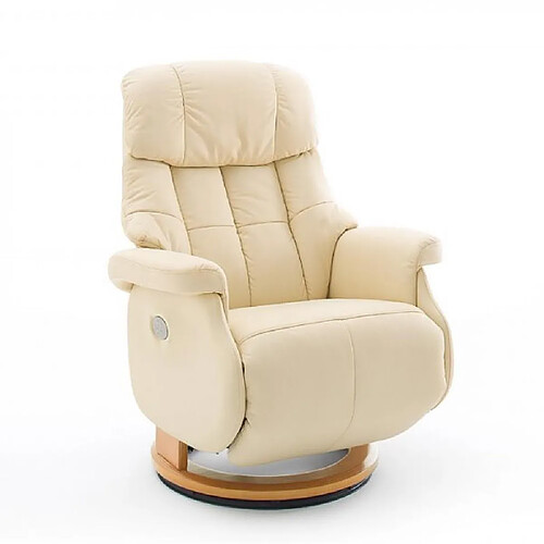 Inside 75 Fauteuil relax électrique PABLO assise confortable en cuir crème piétement bois naturel