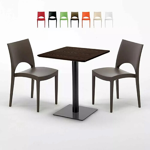 Grand Soleil Table carrée 60x60 pied noir et plateau bois avec 2 chaises colorées Paris Kiss - Marron