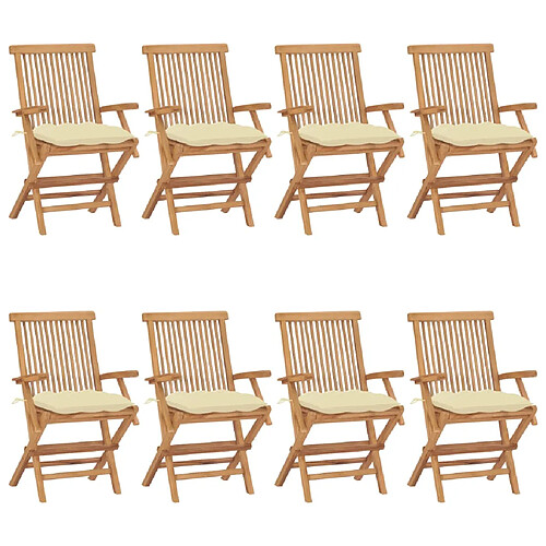 vidaXL Chaises de jardin et coussins blanc crème lot de 8 Teck massif