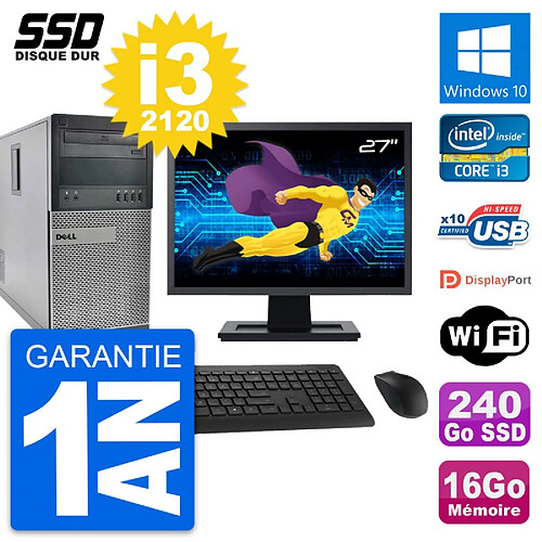 PC Tour Dell 990 Ecran 27" Intel Core i3-2120 RAM 16Go SSD 240Go Windows 10 Wifi · Occasion