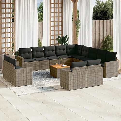 vidaXL Salon de jardin avec coussins 14 pcs gris résine tressée