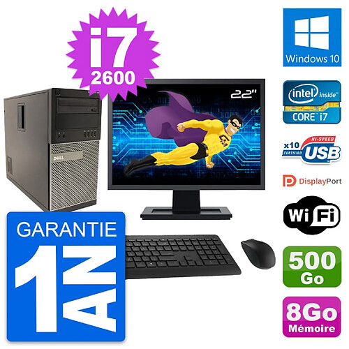 PC Tour Dell 790 MT Ecran 22" Intel i7-2600 RAM 8Go Disque 500Go Windows 10 Wifi · Occasion