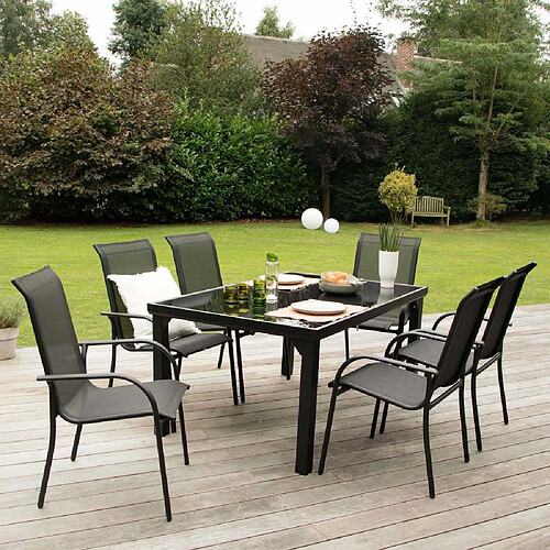 Wilsa Garden Salon de jardin en aluminium et verre trempé Black Edition Table et 6 fauteuils.