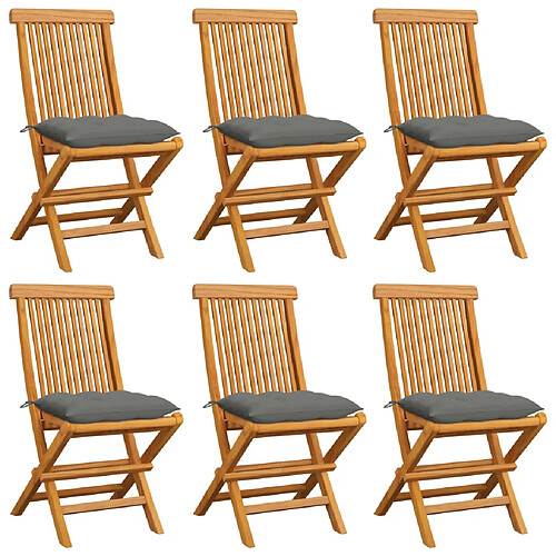 vidaXL Chaises de jardin et coussins gris lot de 6 Bois de teck massif