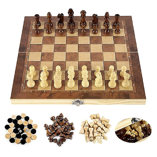 Universal (marron) (44 x 44 cm) Set d'échecs en bois 3 en 1 Backgammon, Dames, Puzzle, Échiquier plié