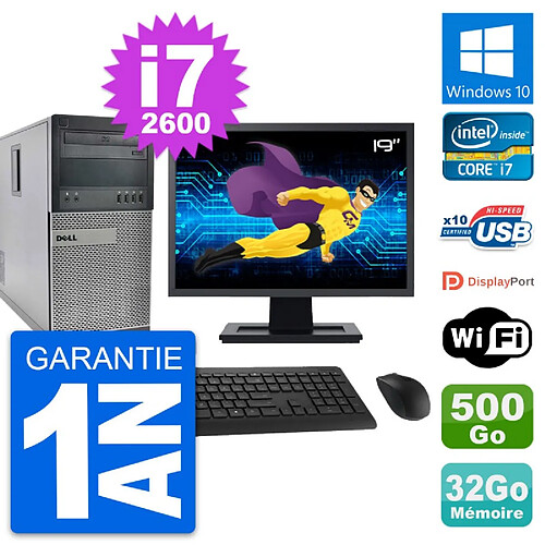 PC Tour Dell 990 Ecran 19" Intel i7-2600 RAM 32Go Disque 500Go Windows 10 Wifi · Occasion