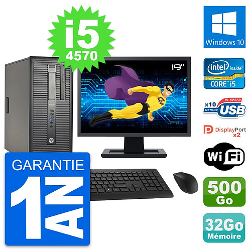 PC Tour HP 600 G1 Ecran 19" Intel i5-4570 RAM 32Go Disque 500Go Windows 10 Wifi · Occasion