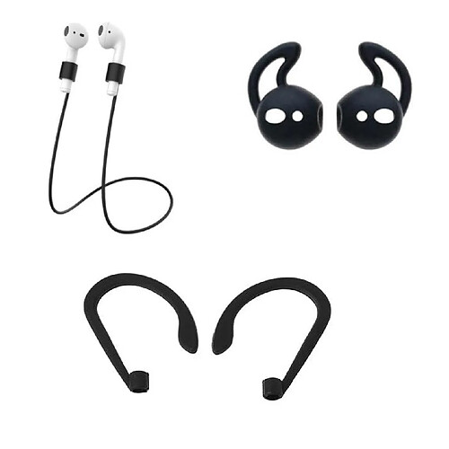 Shot Pack accessoires pour Airpods 2 (Fils + Tour D'oreilles + Accroche Oreilles) Silicone (NOIR)