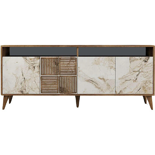 Hanah Home Buffet en aggloméré 4 portes Milan noyer et imitation marbre blanc.