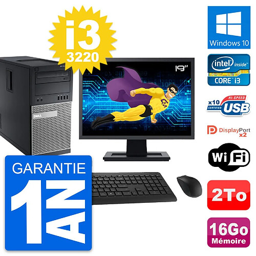 PC Tour Dell 9010 Ecran 19" Intel i3-3220 RAM 16Go Disque 2To Windows 10 Wifi · Occasion