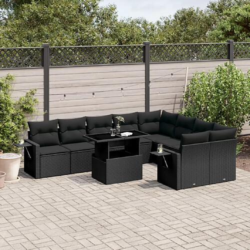 vidaXL Salon de jardin 10 pcs avec coussins noir résine tressée