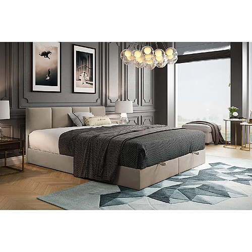 TRADA Lit adulte rembourré ROYAL avec rangement et matelas ressorts intégré dans le cadre du lit en 160×200 beige