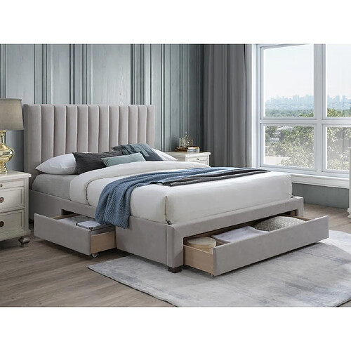 Vente-Unique Lit avec 3 tiroirs 160 x 200 cm - Tissu - Beige + Matelas - LIAKO