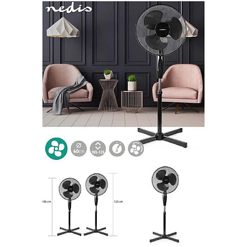 NEDIS Ventilateur sur pied Noir 3 Vitesses 40CM Oscillation 45 W Hauteur réglable