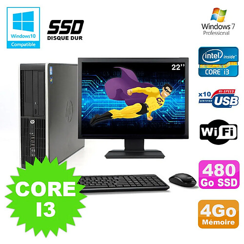 Lot PC HP Compaq 6200 Pro SFF Core i3 3.1GHz 4Go 480Go SSD DVD WIFI W7 + Ecran 22 · Occasion