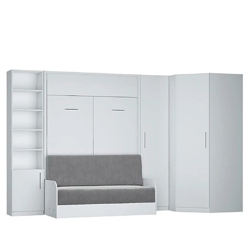 Inside 75 Composition lit escamotable blanc mat DYNAMO SOFA canapé accoudoirs blanc mat et gris 2 colonnes + angle 140*200