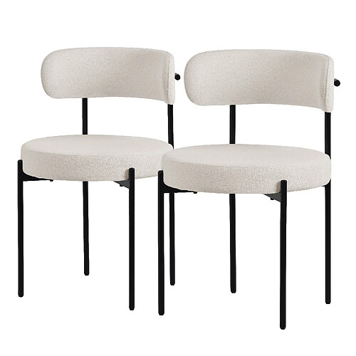 ML-Design Lot de 2 chaises de cuisine rond en tissu teddy blanc avec dossier pied en acier